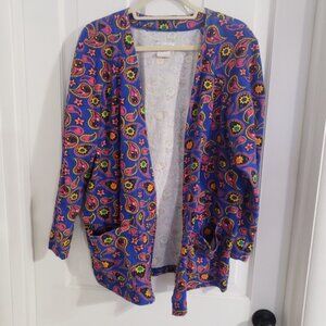 Vintage Ken Done Art To Wear Womens Cardigan‎ LARGE 3/4 Sl USA Cotton Multicolor
